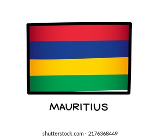 Flag of Mauritius. Colorful logo of the Mauritian flag. Red, blue, yellow and green brush strokes drawn by hand. Black outline. Vector illustration on a white background.