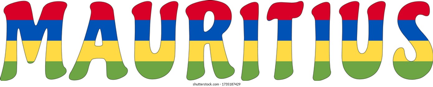 Bandera de Mauricio, verde, amarillo, azul y rojo, dentro de la palabra Mauricio