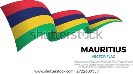 Flag of Mauritius. Mauritian and Indian Ocean Culture. Set against a clean white background with country name and copy space. A shining vector flag rendered in three layers that create a dynamic waving effect with realistic shadows and gradients. The elegant curves and realistic shading create a sense of motion, making it ideal for official themes, international projects, travel materials and cultural presentations