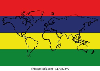 The flag of Mauritius with the outline of the world