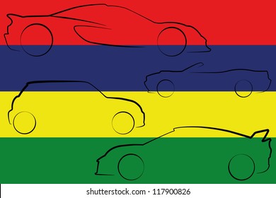 The flag of Mauritius with the outlines of many cars of different types