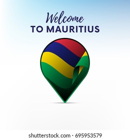 Flag of Mauritius in shape of map pointer or marker. Welcome to Mauritius. Vector illustration.