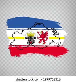 Flag of Mecklenburg-Vorpommern from brush strokes. Blank map of  Mecklenburg-Vorpommern. Germany. High quality map of  Mecklenburg-Vorpommern and flag for your  design, app  on transparent background.