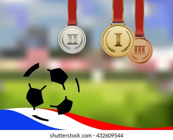Flag and medals on stadium background. Vector illustration.