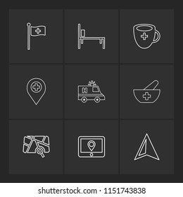 flag medical  bed  cup  navigation  ambulance health  bowl  hospital  location  arrow  direction icon vector design  flat  collection style creative  icons