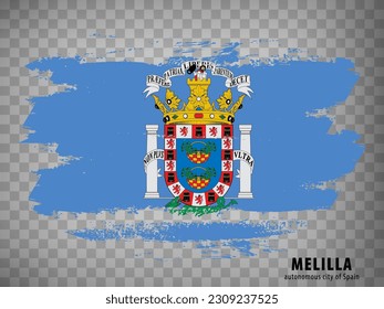 Flag of Melilla brush strokes. Flag Autonomous City Melilla on transparent background for your web site design, app, UI. Kingdom of Spain. Stock vector.  EPS10.