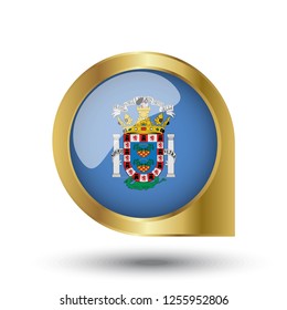 Flag of Melilla, location map pin, pointer flag, button with the reflection of light and shadow, gold frame, Icon country. Realistic vector illustration on white background.