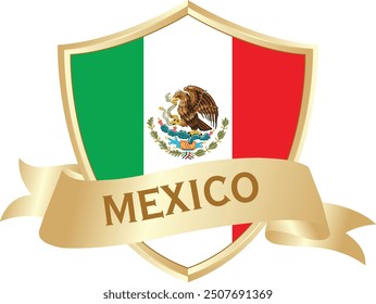 Flag of Mexico as around the metal gold shield with Mexico flag