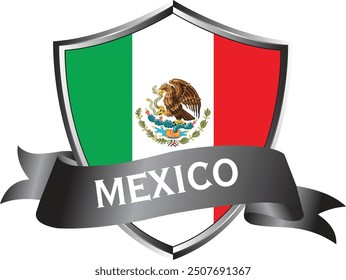 Flag of Mexico as around the metal silver shield with Mexico flag