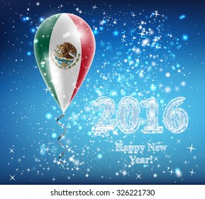 Flag of Mexico in a balloon. The celebration and gifts on Happy New Year. Merry Christmas. The sky sparkles with stars and snowflakes. Image. Vector. Icon.
