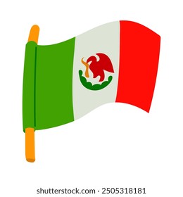 flag of Mexico with a flat icon on the flagpole. Flat vector vivid illustration. Stylized illustration of the real flag of Mexico. Green white red vertical stripes. isolated flag fluttering the wind