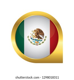 Flag of Mexico, location map pin, pointer flag, button with the reflection of light and shadow, gold frame, Icon country. Realistic vector illustration on white background.