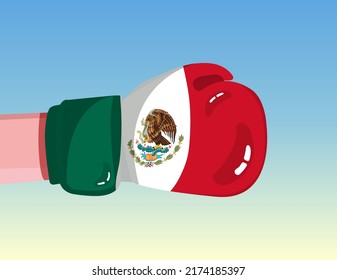 Flag of Mexico on boxing glove. Confrontation between countries with competitive power. Offensive attitude. Separation of power. Template ready design.