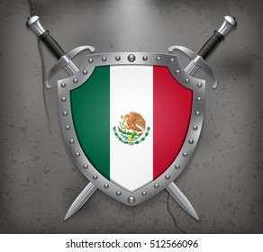Flag of Mexico. The Shield Has Flag Illustration. Two Crossed Swords that are Behind the Shield. Vector Medieval Background