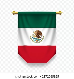 Bandera de México. Ilustración vectorial de una bandera vertical colgante sobre un fondo transparente (PNG).