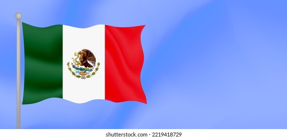 Flag of Mexico waving against the blue sky. Horizontal banner design with Mexico flag with copy space. Vector illustration