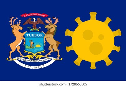 Bandera del estado de Michigan con virus de brote Antecedentes de la bandera del estado de Estados Unidos. Enfermedad del Coronavirus Novedoso COVID-19. Infección Por Coronavirus Y Epidemia En Estados Unidos. Bloqueo de EE.UU.