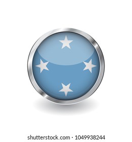 Flag of micronesia, button with metal frame and shadow. micronesia flag vector icon, badge with glossy effect and metallic border. Realistic vector illustration on white background.