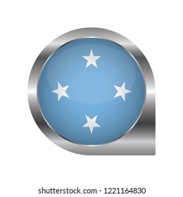 Flag of Micronesia, location map pin, pointer flag, button with the reflection of light and shadow, silver frame, Icon country. Realistic vector illustration on white background.
