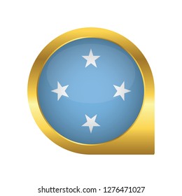 Flag of Micronesia, location map pin, pointer flag, button with the reflection of light and shadow, gold frame, Icon country. Realistic vector illustration on white background.