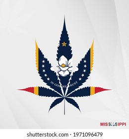 Flag of Mississippi in Marijuana leaf shape. The concept of legalization Cannabis in Mississippi. Medical cannabis illustration.