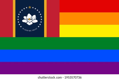 flag of mississippi with rainbow flag. proportion 5:8