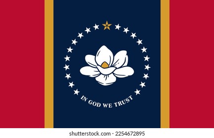 Flag of Mississippi state (United States of America, U.S.A. or USA, North America) white magnolia blossom, 21 white stars,