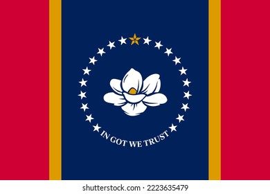 Flag of Mississippi, symbol of USA federal state. Full frame federal flag of Mississippi with white magnolia blossom encircled by 20 stars and red, gold, blue stripes vector illustration