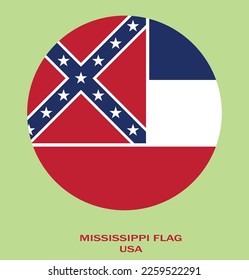 Flag of Mississippi, Flag of USA state Mississippi Vector Illustration, Mississippi flag in a circle, USA.
