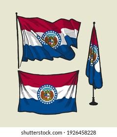 Flag of Missouri on the wind and on the wall illustration set