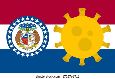 Flagge des Staates Missouri mit Ausbruchsviren Hintergrund der US-Staatsflagge. Novel Coronavirus Disease COVID-19. Koronavirus-Infektion und die Epidemie in Amerika. USA Lockdown.