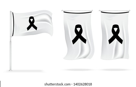 Flag Mock up Mourning symbol with Black Respect ribbon on white background. Rest in Peace Funeral Vector Illustration.