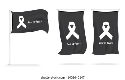 Flag Mock up Mourning symbol with Black Respect ribbon on white background. Rest in Peace Funeral Vector Illustration.