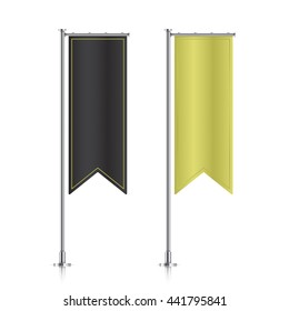 Flag mockup. Banner flag templates. Set of vector advertising flags. Black and golden blank vertical flags. Realistic vector illustration.