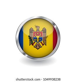 Flag of moldova, button with metal frame and shadow. moldova flag vector icon, badge with glossy effect and metallic border. Realistic vector illustration on white background.