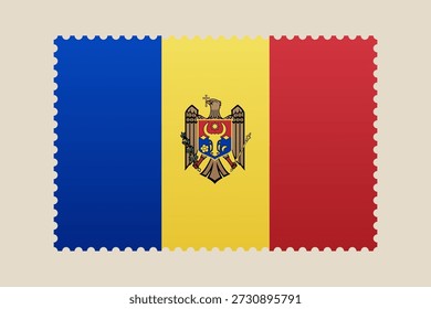 Flag of Moldova with coat of arms designed in the shape of a postage stamp for patriotic national identity..