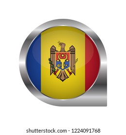 Flag of Moldova, location map pin, pointer flag, button with the reflection of light and shadow, silver frame, Icon country. Realistic vector illustration on white background.
