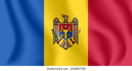 Flag of Moldova. Realistic waving flag of Republic of Moldova. Fabric textured flowing flag of Moldova.