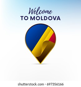 Flag of Moldova in shape of map pointer or marker. Welcome to Moldova. Vector illustration.