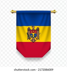 Bandera de Moldavia. Ilustración vectorial de una bandera vertical colgante sobre un fondo transparente (PNG).