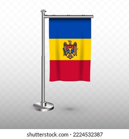 Bandera de Moldavia. Ilustración vectorial de una bandera vertical colgante con mástil en un fondo transparente (PNG).