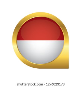 Flag of Monaco, location map pin, pointer flag, button with the reflection of light and shadow, gold frame, Icon country. Realistic vector illustration on white background.