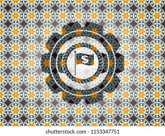 flag with money symbol inside icon inside arabesque style badge. arabic decoration.