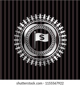 flag with money symbol inside icon inside silvery shiny badge