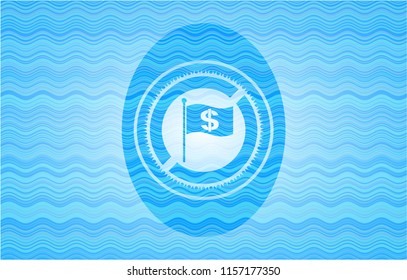 flag with money symbol inside icon inside water wave representation badge background.