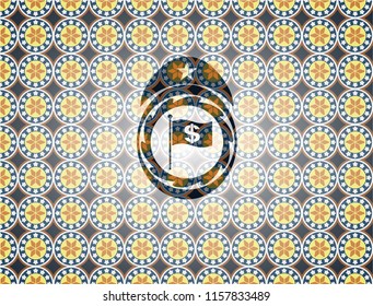flag with money symbol inside icon inside arabesque style emblem. arabic decoration.