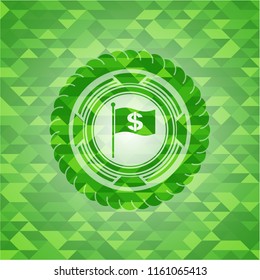 flag with money symbol inside icon inside green emblem with triangle mosaic background