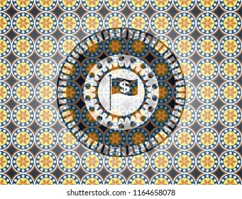 flag with money symbol inside icon inside arabic emblem background. Arabesque decoration.