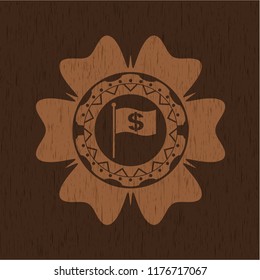 flag with money symbol inside icon inside wooden emblem