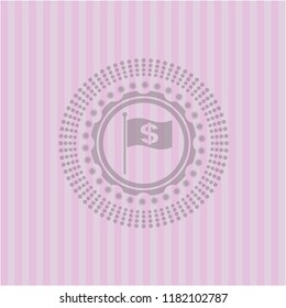 flag with money symbol inside icon inside pink emblem. Retro